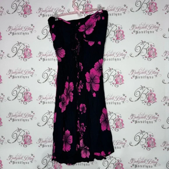 Dress Hawaii hibiscus 🌺 flowers pink black strapless ribbon 🎀 bow tie up slit - Picture 2 of 10